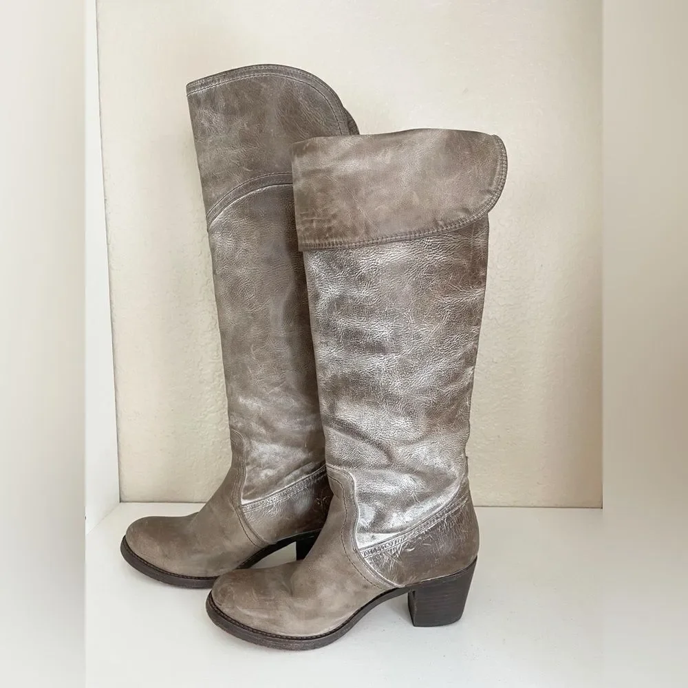 FRYE Jane Western Riding Knee High cuff heeled Boot in Gray Burnished Antique